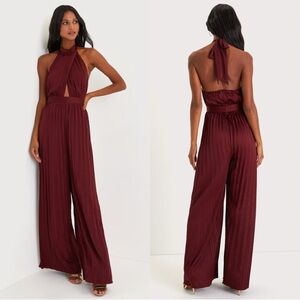 Lulus Confident Impression NWT size Large Burgundy Satin Pleated Halter Jumpsuit